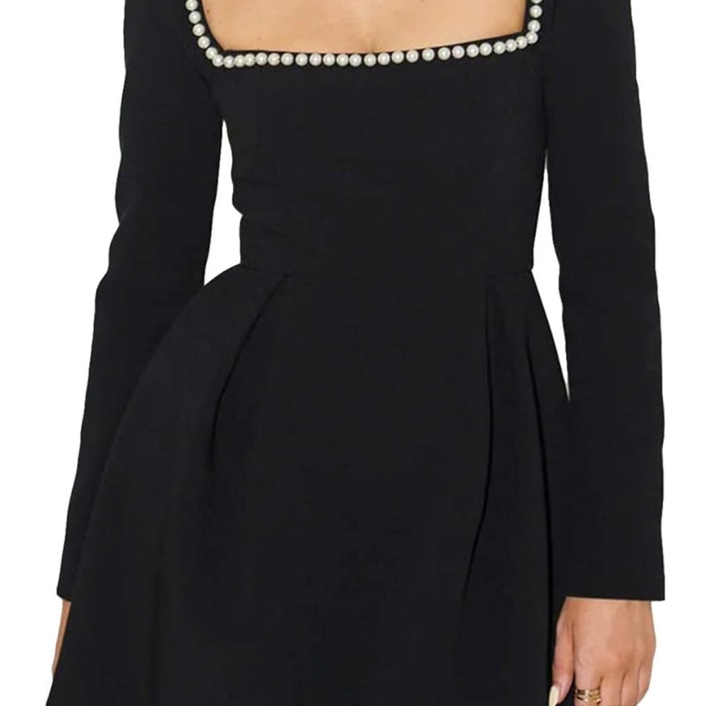 Chic Black Long Sleeve Dress with Pearl Accents